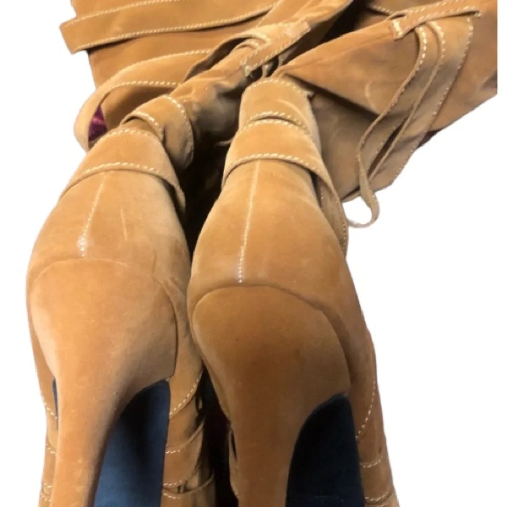 Max & Co size 10 Cognac over the knee faux suede strappy boot side zip